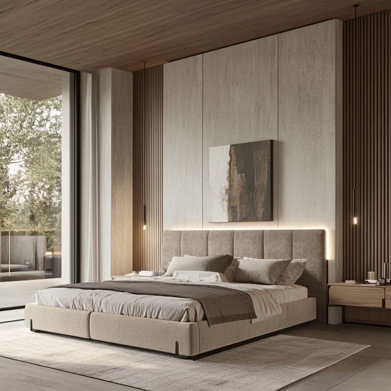 Warm minimalist bedroom with timber ceiling and travertine wall